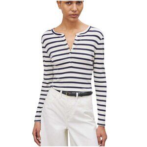 Nili Lotan Jordan Henley striped cotton T-shirt M medium navy blue white ribbed